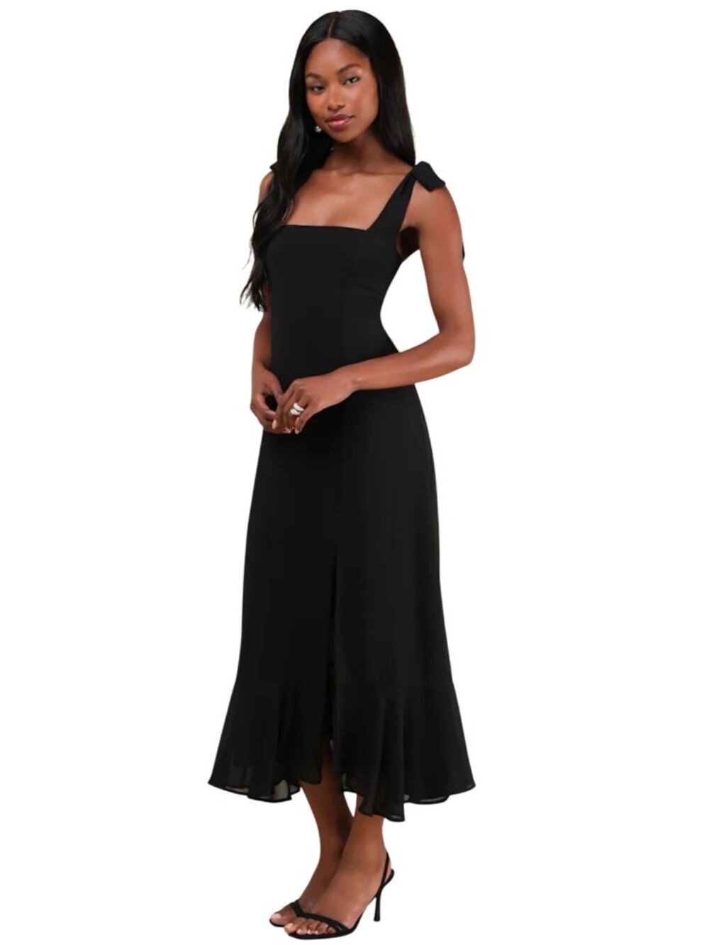 Lulus Summer Invite Black Tie-Strap Tiered Midi Dress Sz MED Smocked